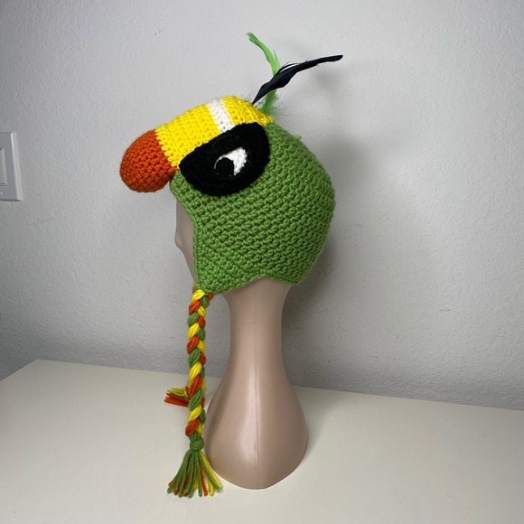 Handmade Crochet Dino Troodon Hat With Braids And Feathers Fun Novelty